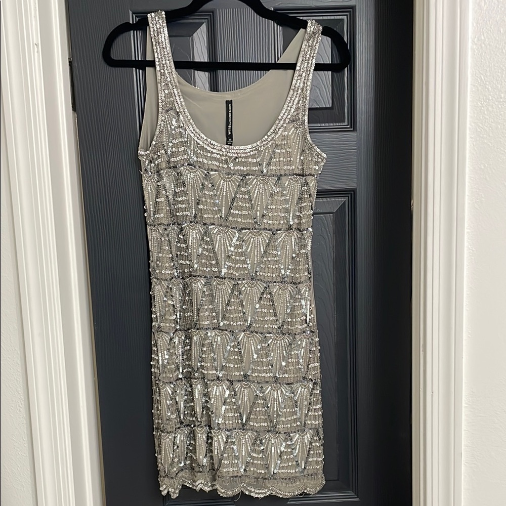 Silver Beaded Sleeveless Dress - w118 by walter baker
